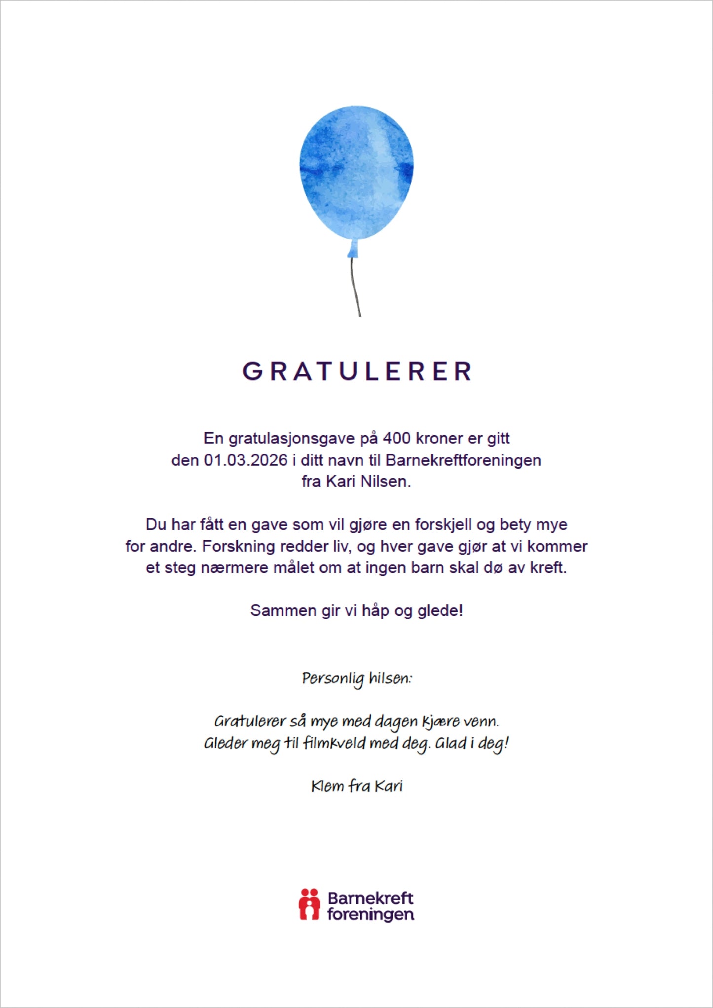 Digitalt gavekort med ballong